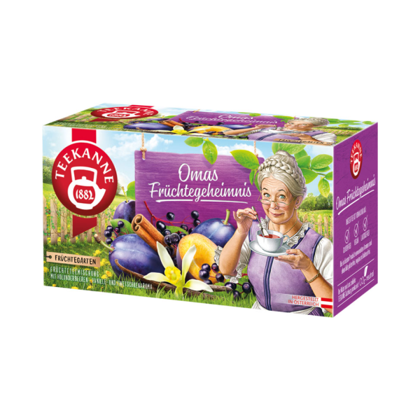 Teekanne Früchtegarten Omas Früchtegeheimnis, 20 Teebeutel im Kuvert, 60 Gramm Packung